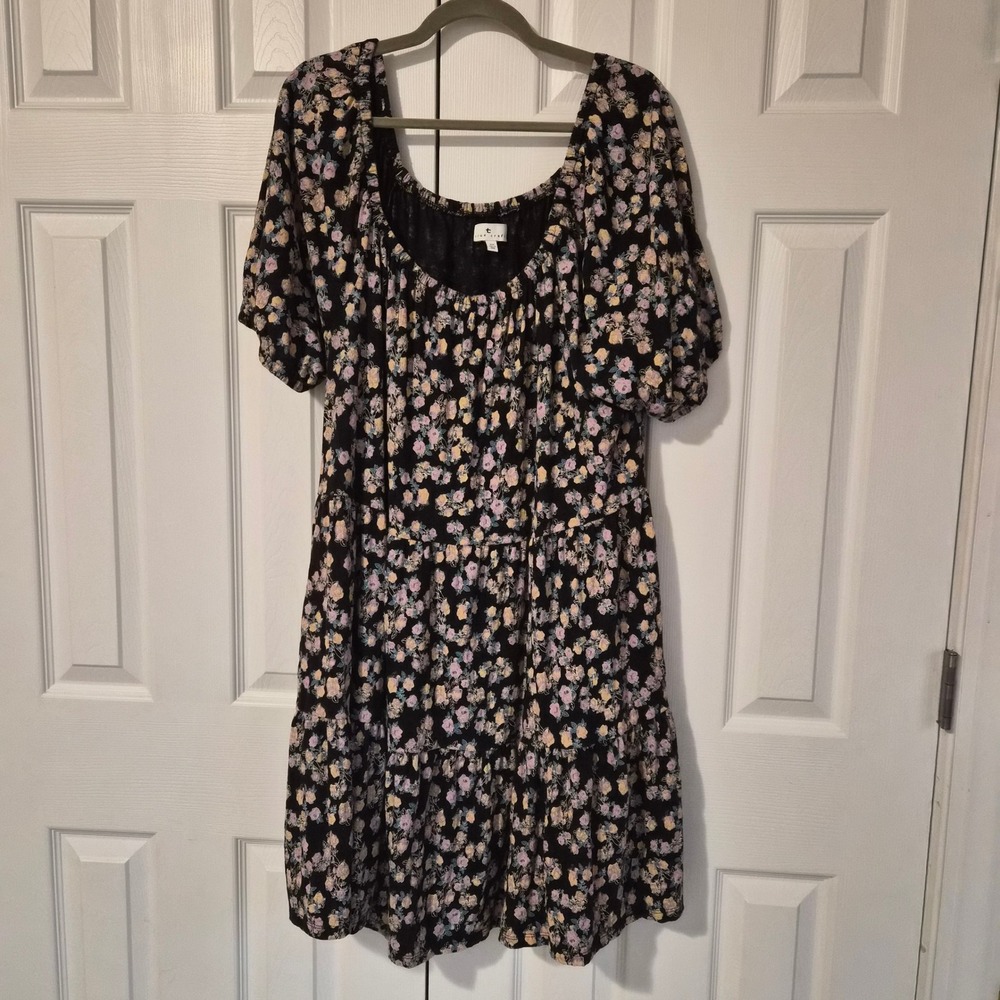 True Craft 2X Black Floral Tiered Babydoll Dress Short Puff Sleeve Cotton Grunge